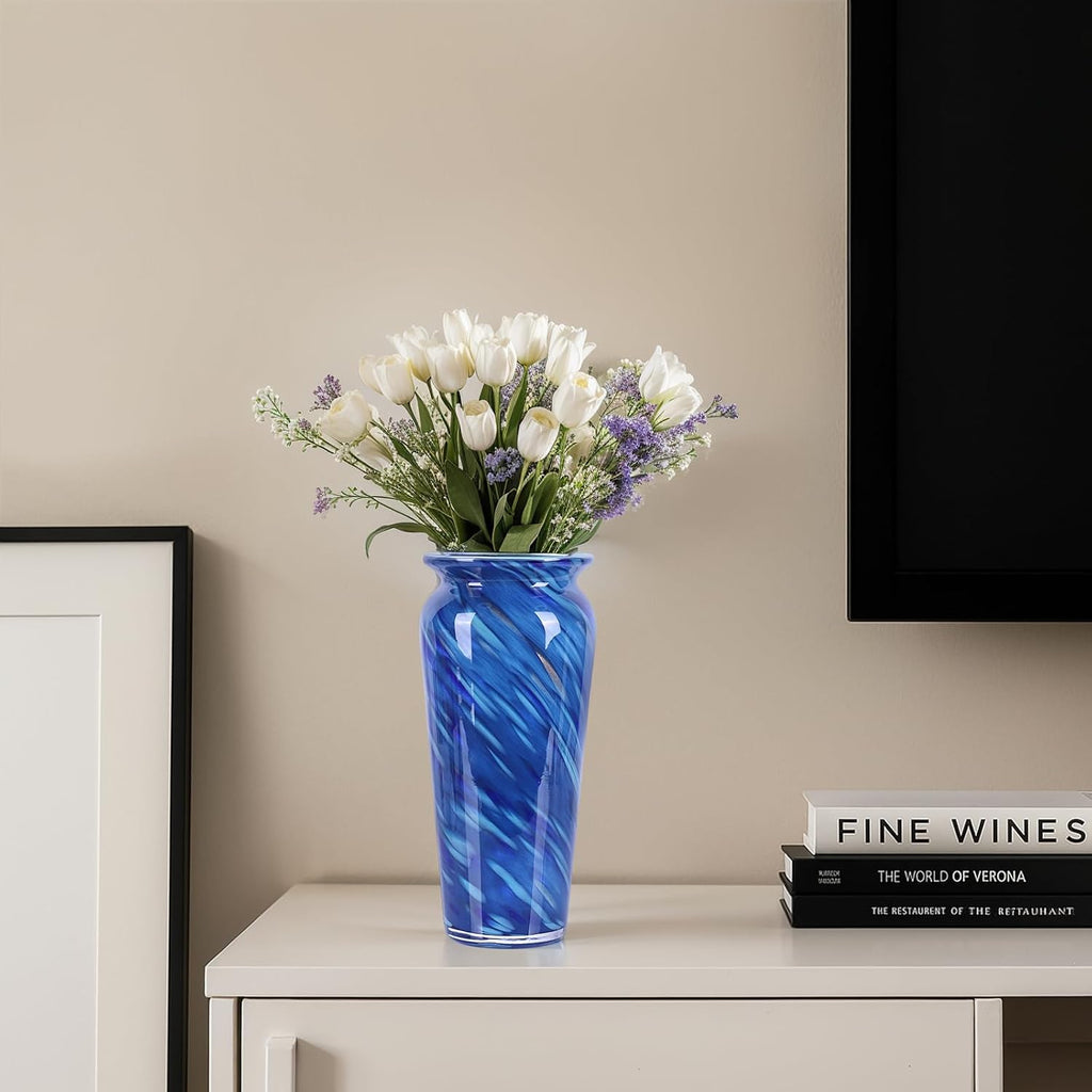 Blue Hand Blown Glass Vase – Tall Speckled Decorative Centerpiece in Murano Style for Dining Table, Coffee Table, Mantel, Entryway, or Bookshelf in Coastal or Modern Decor (Blue)