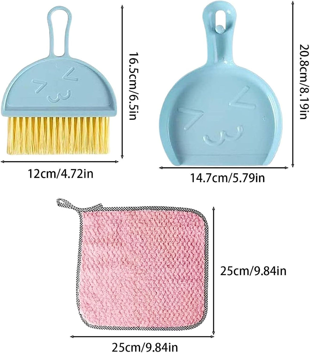 3 Pcs Mini Broom and Dustpan Set with Pink Towel, Small Brush Handheld Broom, Hangable Dustpan for Cleaning Tables, Sofas, Cars, Keyboards, Kitchen Countertops