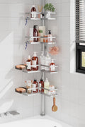 YASONIC Corner Shower Caddy Tension Pole, Adjustable Shower Shelves, Rust-Resistant Shower Organizer, No-Drill 3-Step Installation, Bathroom Shelves for Renters & Family, Silver