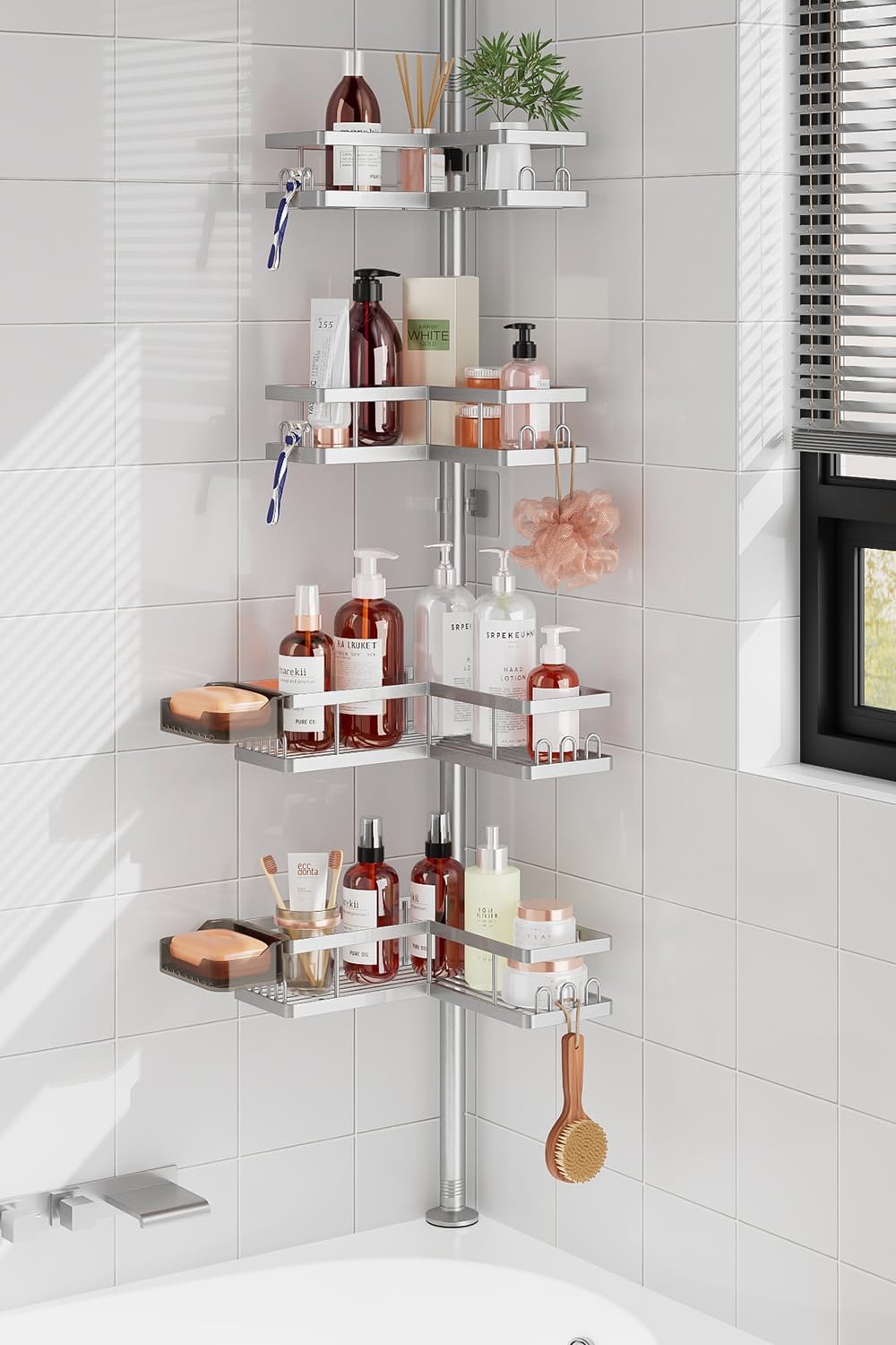 YASONIC Corner Shower Caddy Tension Pole, Adjustable Shower Shelves, Rust-Resistant Shower Organizer, No-Drill 3-Step Installation, Bathroom Shelves for Renters & Family, Silver