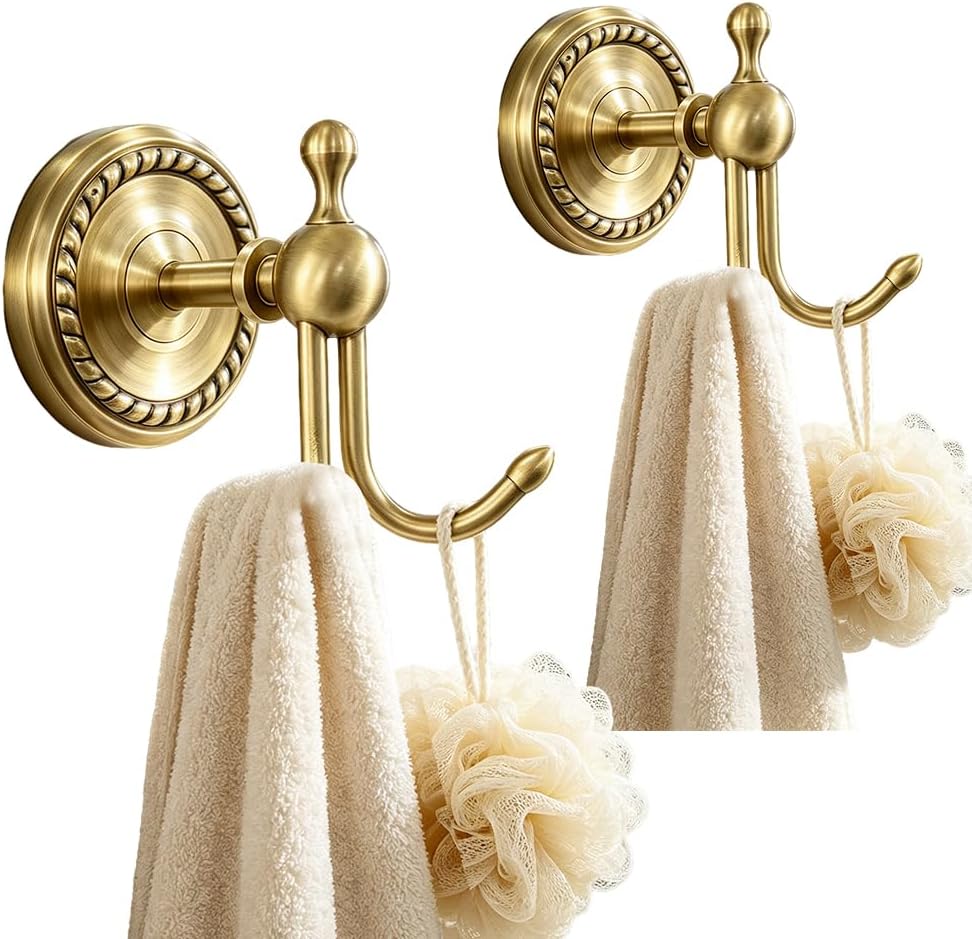 2 Pack Antique Brass Towel Hook Vintage Gold Brass Wall Hook Wall Mounted Hanger Bathroom Accessories for Coat Purse Decoration Clothing Robe Kitchen Bedroom