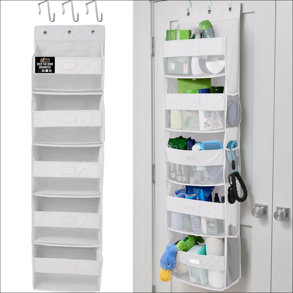 GORILLA GRIP Over The Door Organizer Storage, 5 Deep Hanging Shelves, Holds 50lbs, Closet Organizers Shelf for Bedroom, Shoes, Bathroom, Nursery, Dorm Essentials, 3 Metal Hooks, 58x15 Inches, White