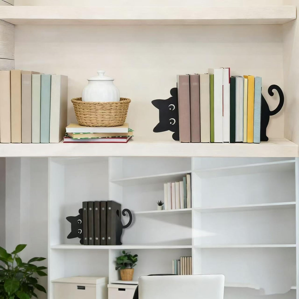 Cat Metal Bookends Set of 2 Unique Cat Design Decorative Bookends for Bookshelf Office Desk Home Decor for Cat Lovers and Reading Enthusiasts