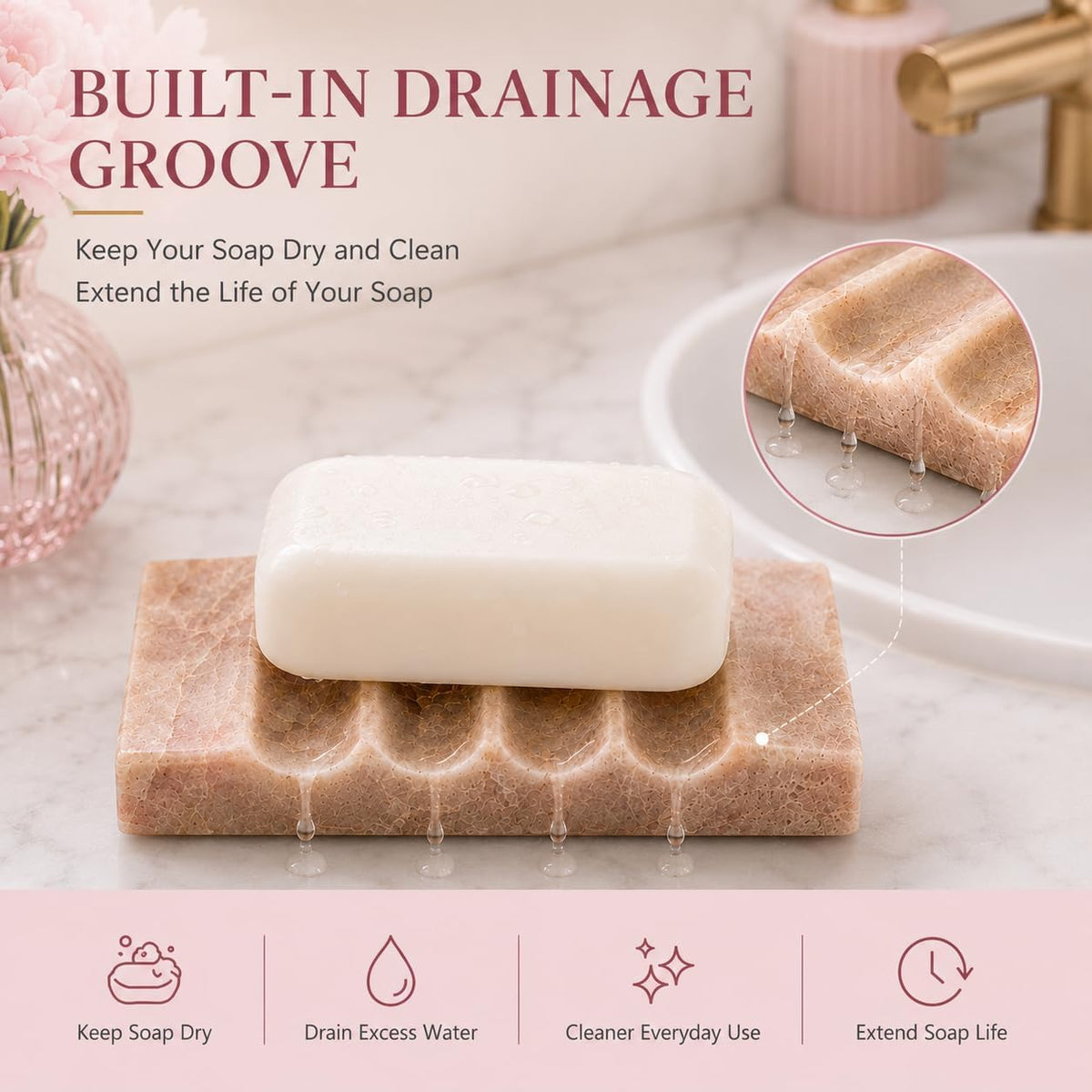 Pink Marble Soap Dish for Bathroom, Real Natural Marble Soap Holder with Drainage Groove, Luxury Decorative Small Soap Tray for Bathtub, Kitchen Sink & Shower, Pink Bathroom Accessories