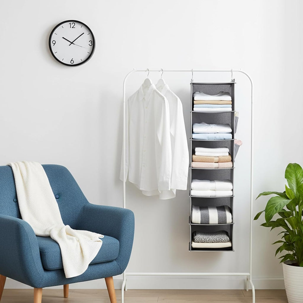2 Pcs Hanging Closet Organizer, 6-Shelf Storage with 2 Side Pockets and Hooks, for Clothes Sweaters Shoes Accessories, Space-Saving for Dorm RV Small Closet, Grey