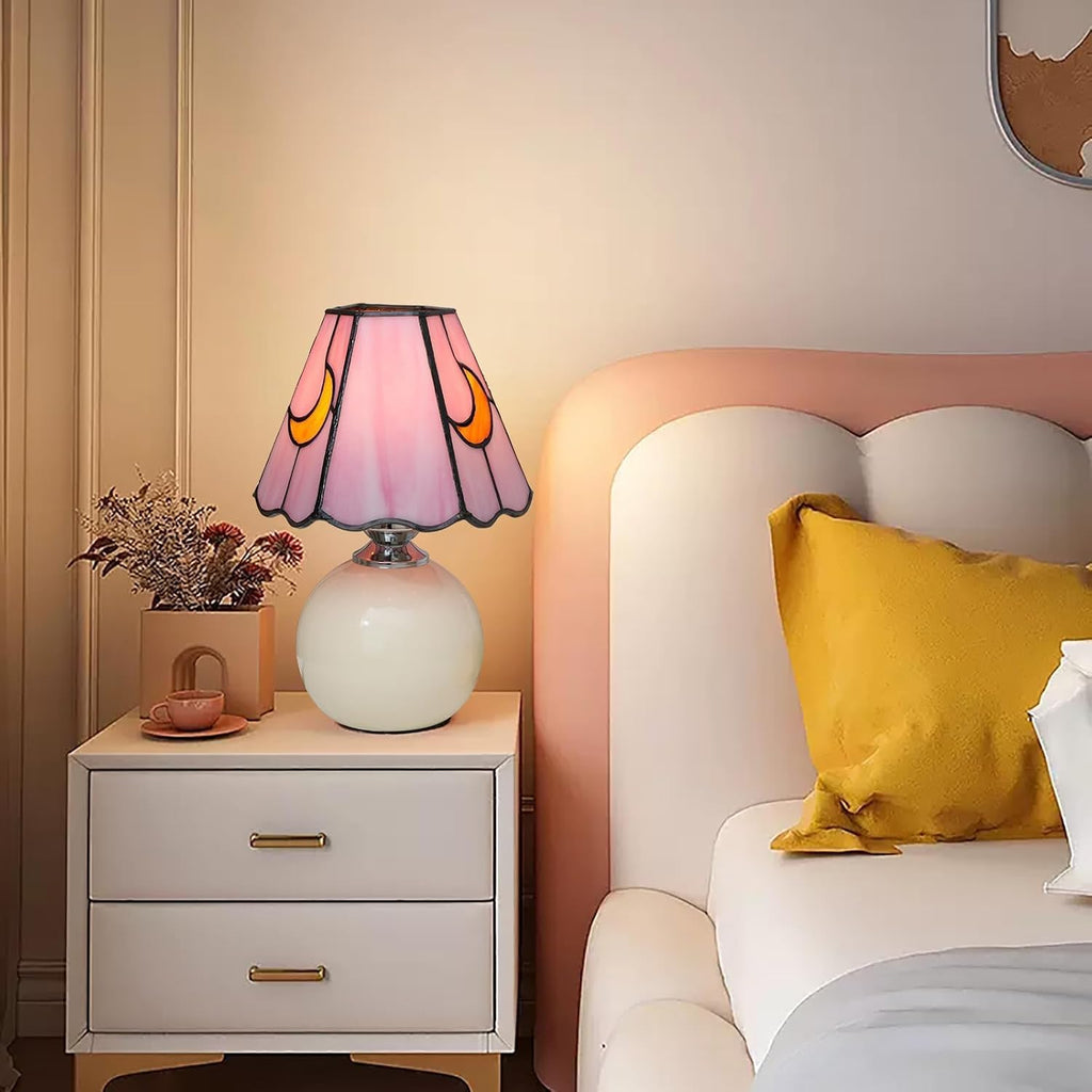 Tiffany Lamp Stained Glass Table Lamp Moon Mushroom Pink Cute Small Bedside lamp Living Room Dining Room Office Decoration Desk lamp Home Decoration Creative Gift Scene Prop