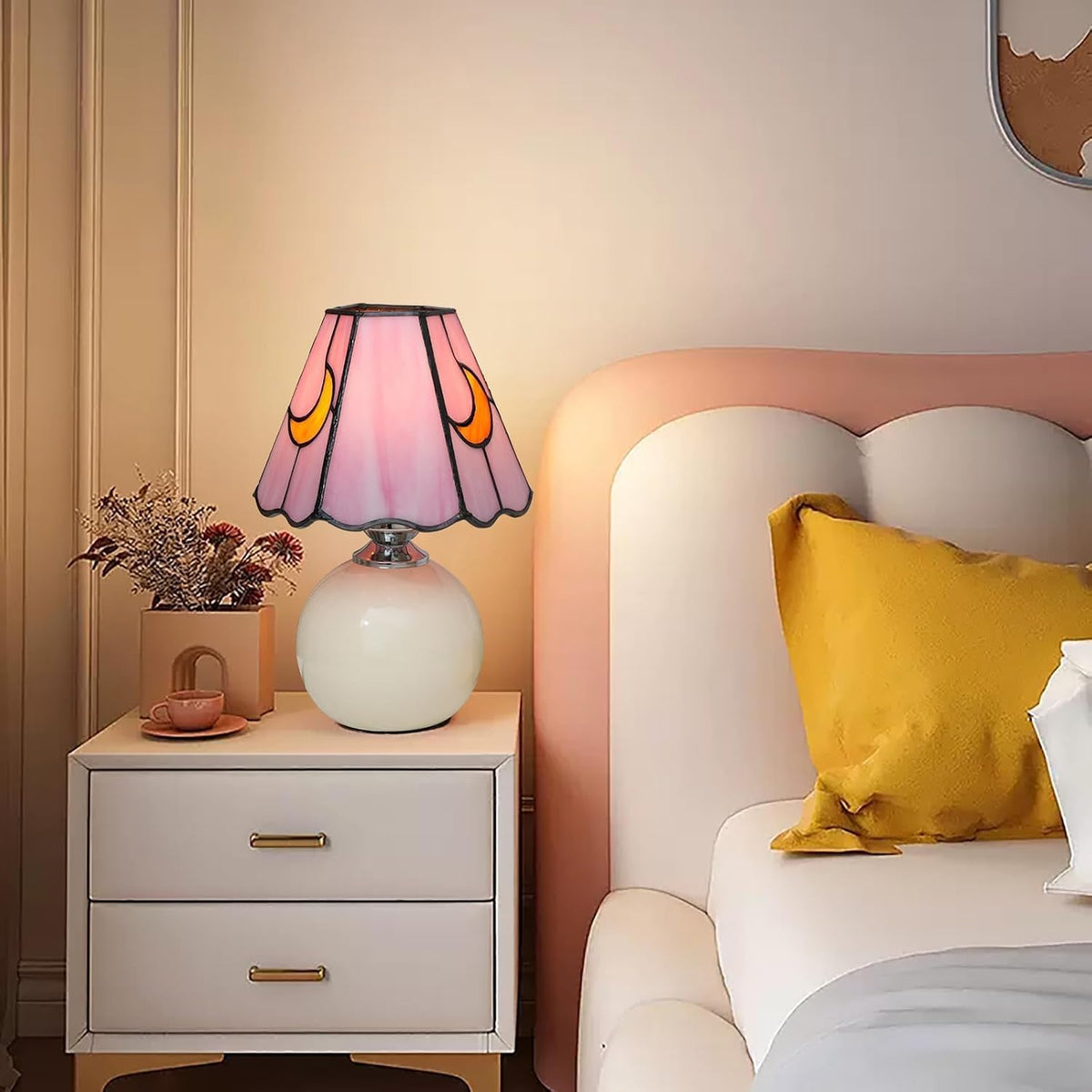 Tiffany Lamp Stained Glass Table Lamp Moon Mushroom Pink Cute Small Bedside lamp Living Room Dining Room Office Decoration Desk lamp Home Decoration Creative Gift Scene Prop