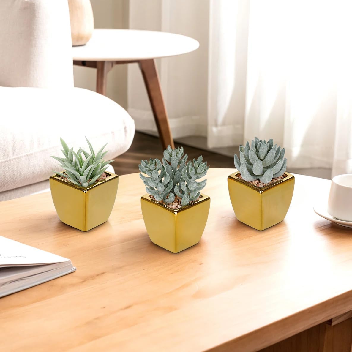 Hollyone Small Succulents Artificial 3 Pcs Faux Succulents with Gold Pots Mini Fake Succulent Plants Indoor Plant Ceramic Pots for Modern Office Desk Bathroom Shelf Living Room Home Decor Sage Green