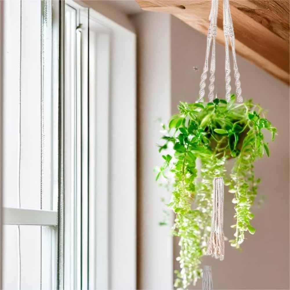 3 Pack Macrame Plant Hanger Indoor Hanging Planter for Plants Holder, Hanging Pot Holder Macrame Decorative Flower Pot Holder with 3 Hooks for Indoor Outdoor Boho Home Décor, Ivory (POTS NOT INCLUDED)
