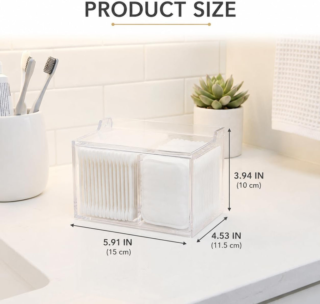 Clear Acrylic Qtip Holder Cotton Swab Ball Holder Qtip Organizer for Clean Skin Club Clean² Pads Cotton Pad and Swab Dispenser 2-Compartment with Flip-Top Lid, Bathroom Organizer