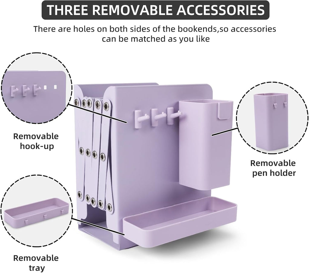 Adjustable Bookends, 19" Metal Book Ends for Heavy Books, 2 Dividers Bookends with Removable Pen Holder, Tray, and 3 Hook-up, Book Organizer for Office, School, Bookstore, Home
