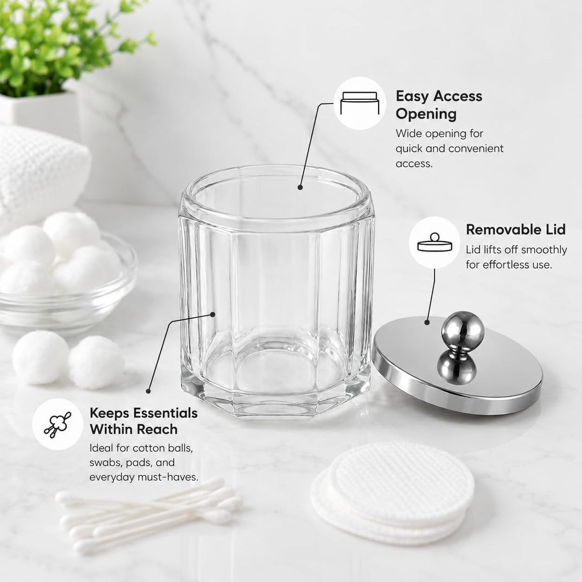 Clear Transparent Apothecary Octagional Shaped Glass Canister Jar With Silver/Chrome Metal Lid Cover for Bathroom Organization, Cotton Balls, Q Tips, and Small Accessories, Bath Storage