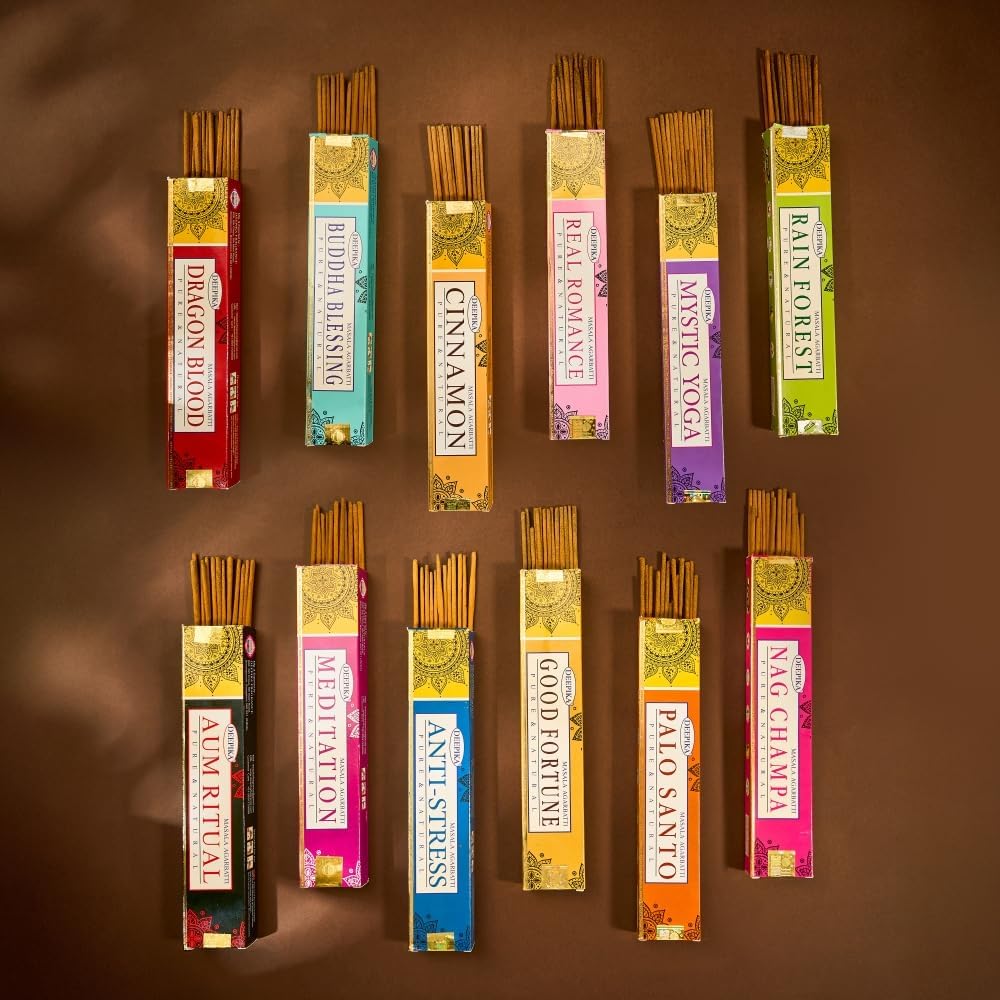 Deepika 12 Pack Assorted Pack 15 Gram x 12 Packs (180 Sticks) for Meditation, Aromatherapy, Healing and Yoga