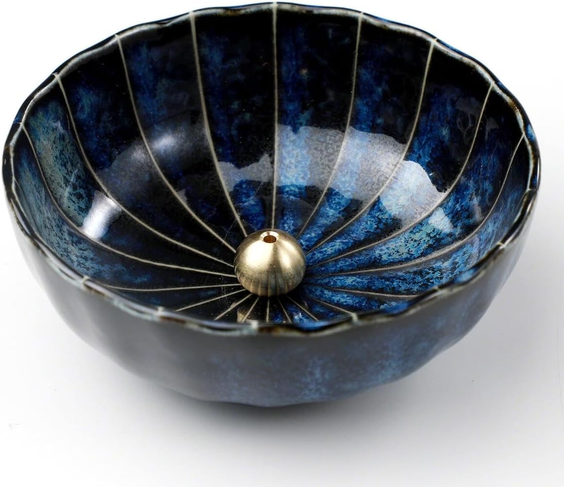 Asayu Japan Lotus Incense Holder for Sticks, Navy Blue Ceramic, 4.1in