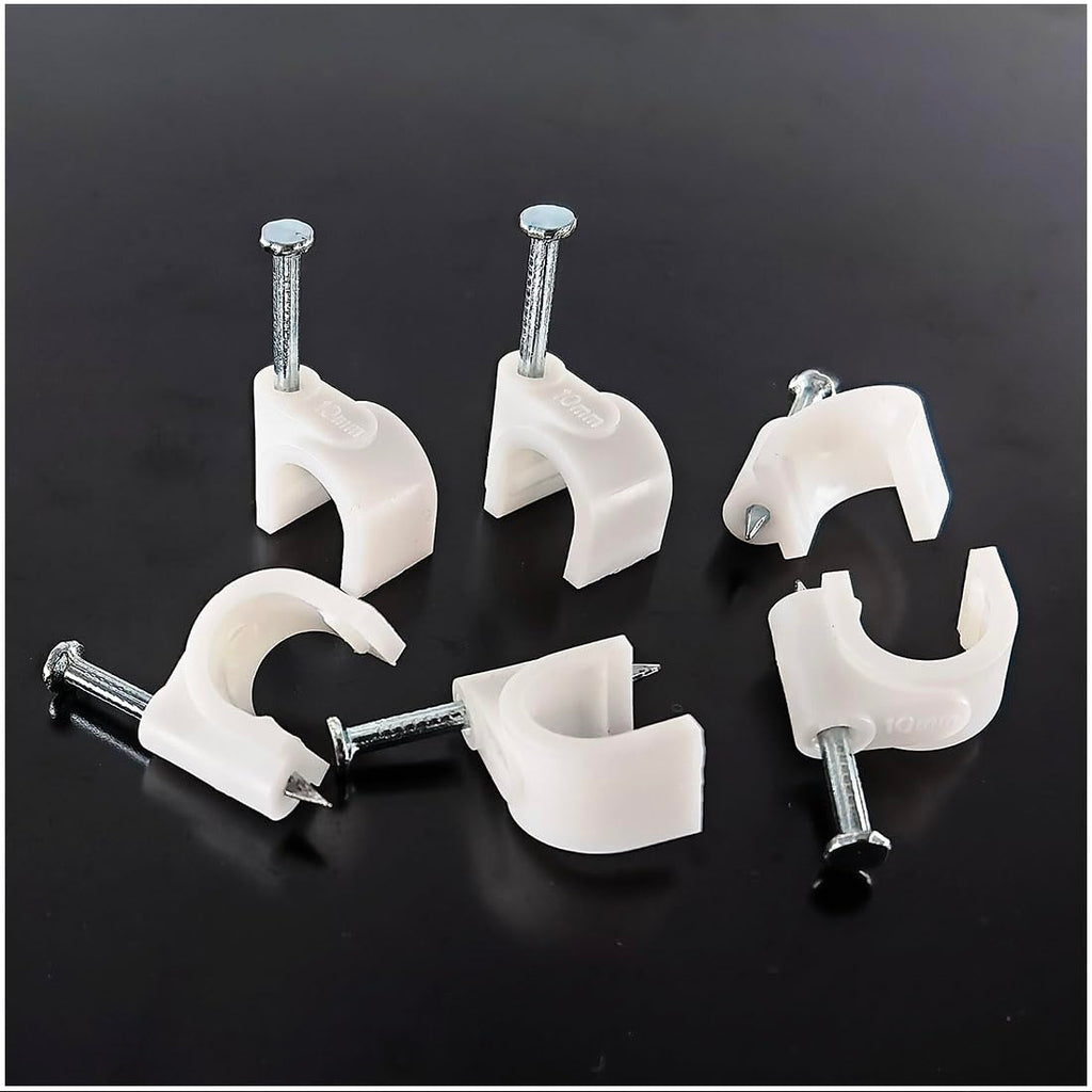HS Cable Clips 10mm with Steel Nail 200 Pieces White，Ethernet Management U Shaped Wire Cord Staples Hooks for Outdoor Wall,Coax Cat8 RG8 Cable Extension Fasteners