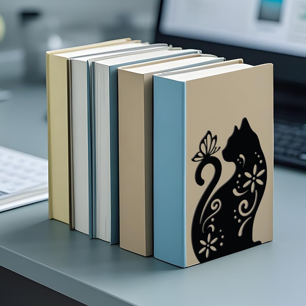 WADORN Cat Flowers Metal Bookends for Shelves Decorative 1 Pair, Animal Heavy Duty Books End Support Non-Skid Book Holder Black L-Shaped Book Stopper for Home Office Desk Book Divider, 4.7x3.5x7 Inch