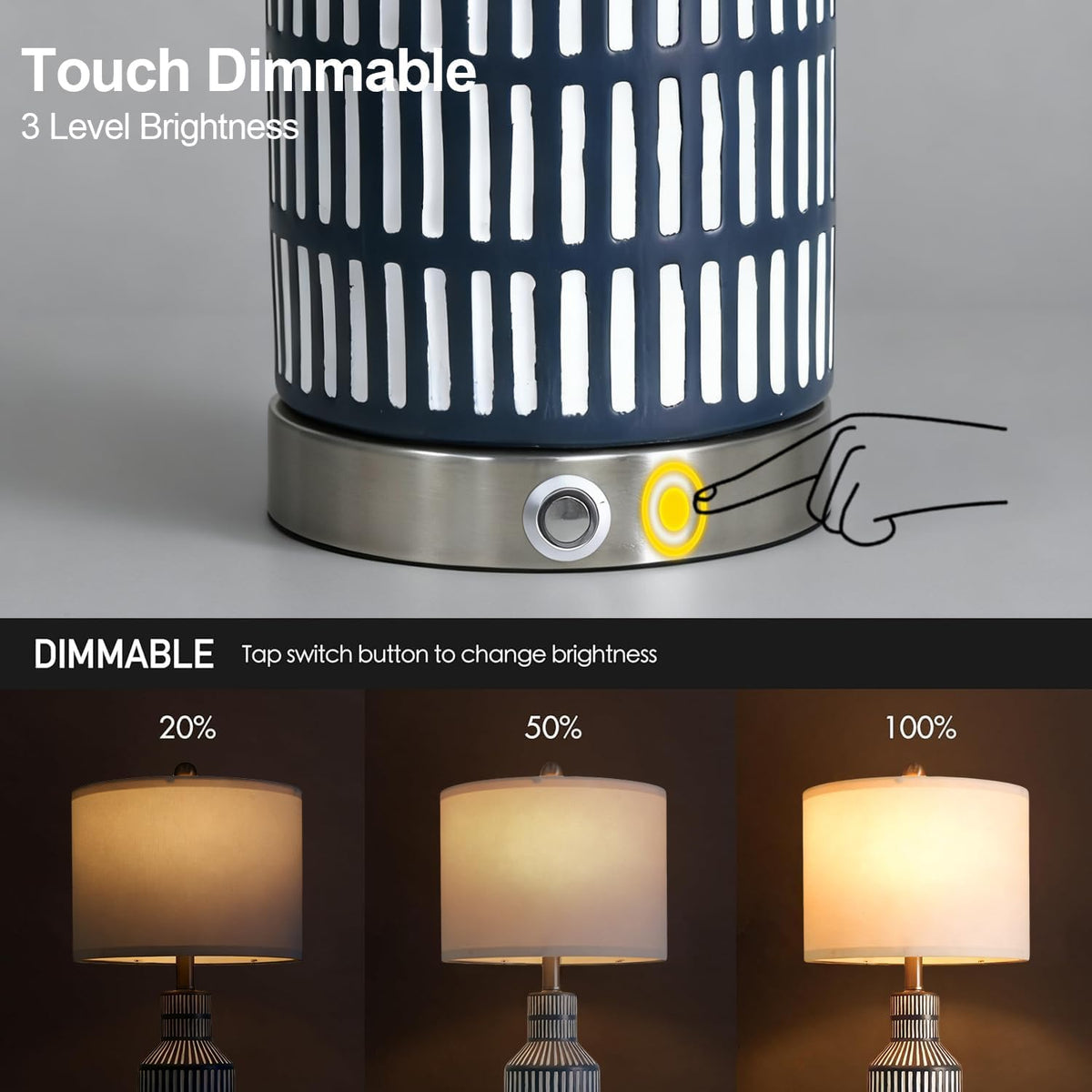 USumkky 25" Modern 3-Way Dimmable Touch Control with USB A+C Ceramic Lamps Set of 2 Table Lamp for Living Room Bedroom Farmhouse Nightstand Bedside Blue