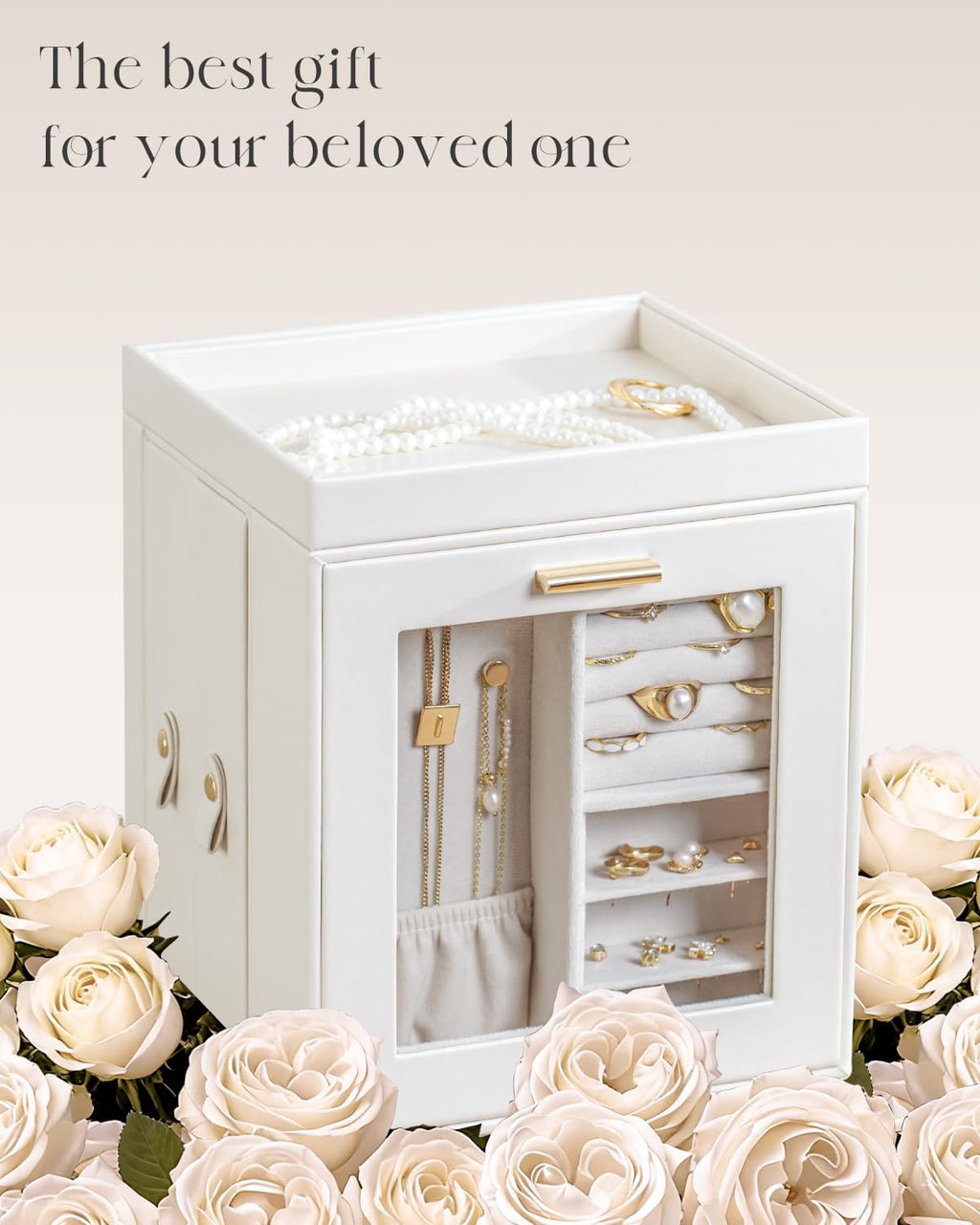 CASEGRACE 360°Rotating Jewelry Box Open Design Vertical Organizer with Glass Window Large Jewelry Display Storage Case Perfect for daily use at home or as a gift for women