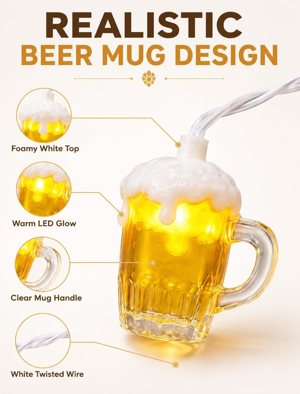 Beer String Lights Outdoor, 12.5FT Summer Decorative Camping String Lights with 10 3D Beer Mug Lights, Plug in Connectable Novelty Fairy Lights for Tropical Themed Wedding Bistro Bar Party Decor