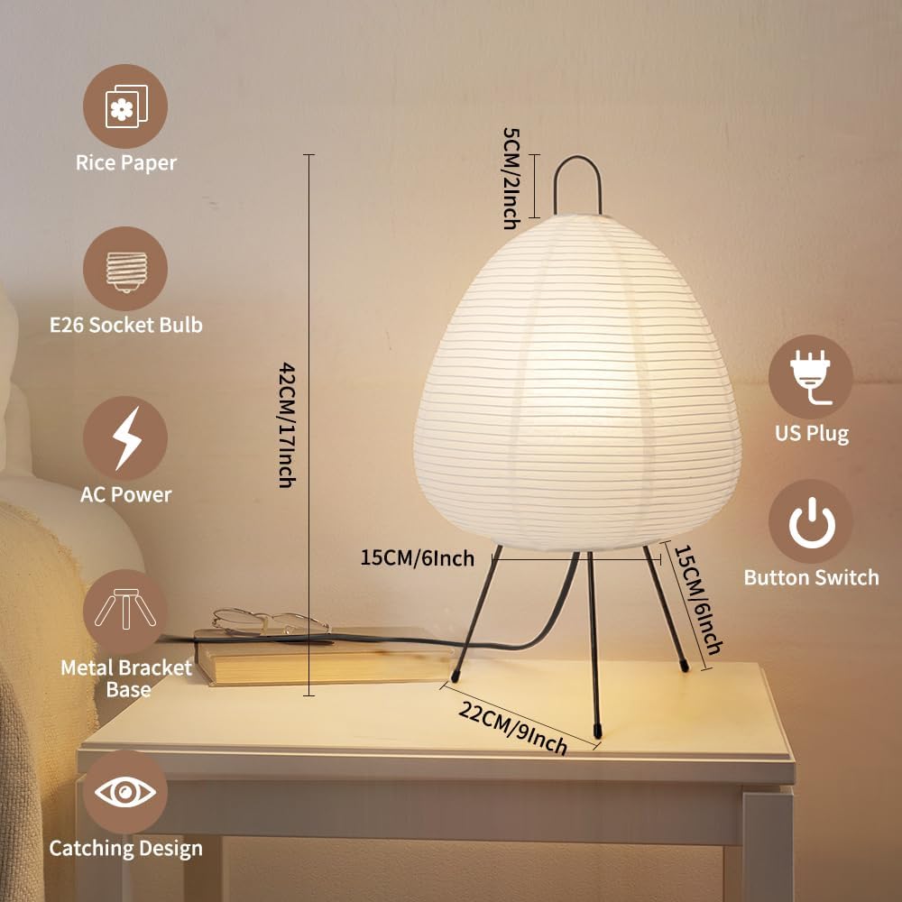 Japanese Rice Paper Lamp,Table Lamps for Living Room,Paper Lanterns,Noguchi Akari Japandi Lamp,Japanese Decor Desk Light,Tripod Table Lamps for Bedroom,Bedside or Tabletop,E26 Base,Button Control