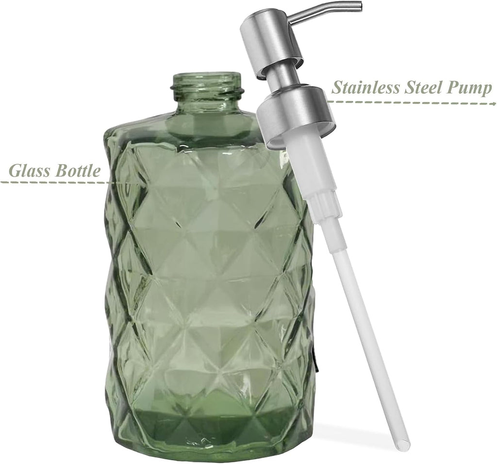 12Oz Green Glass Soap Dispenser, Liquid Hand Bottle, Stainless Steel Pump