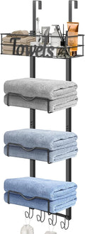 Over The Door Towel Racks, No Drill Towel Storage with Basket & Hooks, Space-Saving Multi-Functional Towel Holder for Bathrooms, bedrooms, Apartments, RVs (Matte Black, 5 Tier)