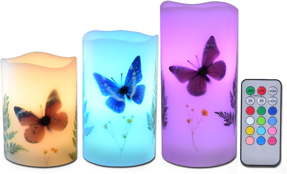 Candles Set of 3 Flameless 4" 5" 6" Unscented Tealight Butterfly Flower Plants Decor Real Wax Pillar Candle LED Lights 12 Color Changing 4H 8H Timer Remote Control AAA Batteries Operated