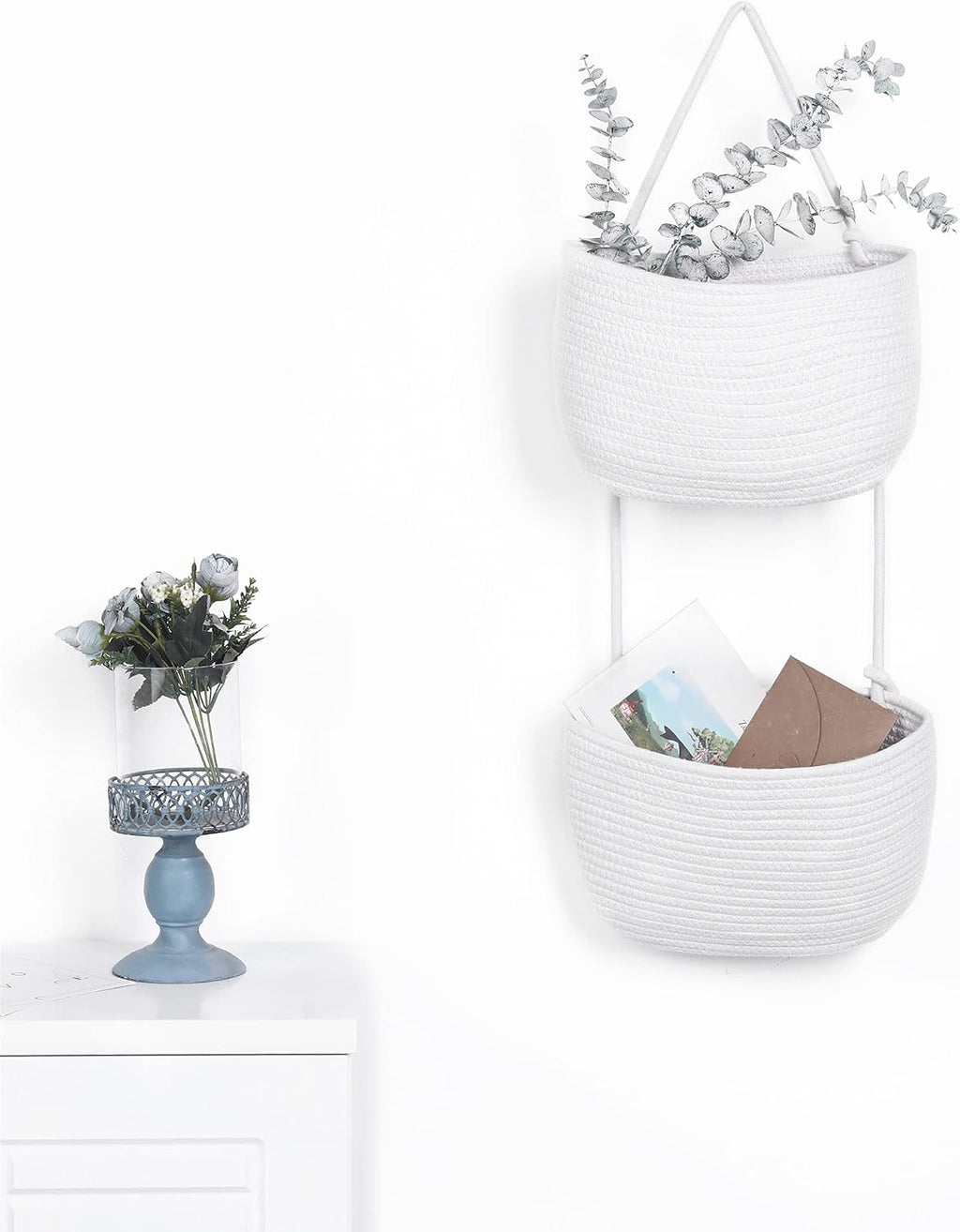 Over The Door Hanging Basket, 2 Tier Cotton Rope Woven Organizer