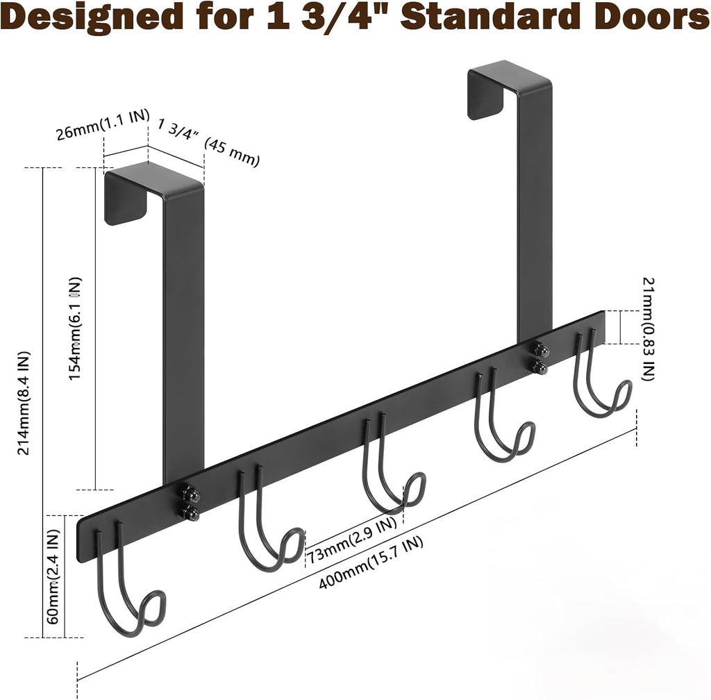 Over the Door Hooks, No Drill Door Towels Hanger, Metal Hanging Towel Holder with 5 Coat Hooks for Bathroom, Bedroom, Kitchen (Matte Black)
