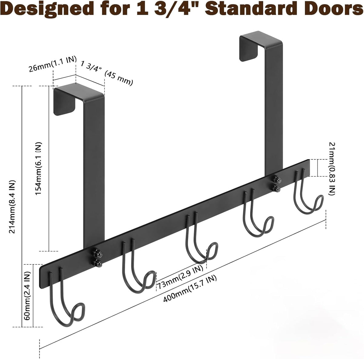 Over the Door Hooks, No Drill Door Towels Hanger, Metal Hanging Towel Holder with 5 Coat Hooks for Bathroom, Bedroom, Kitchen (Matte Black)