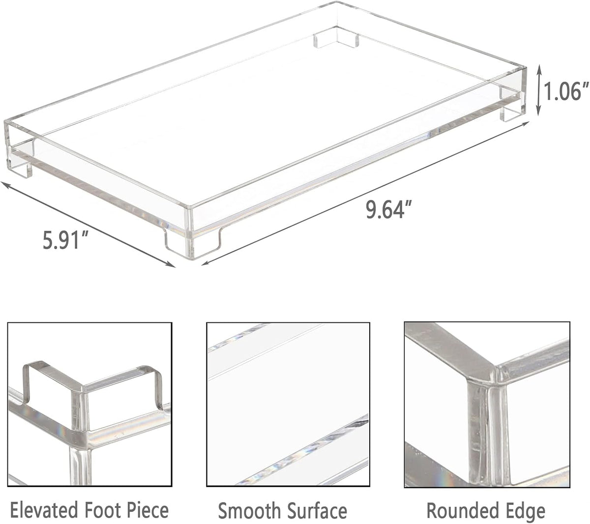 Vanity Bathroom Tray Acrylic Clear Rectangle Decorative Organizer, Medium