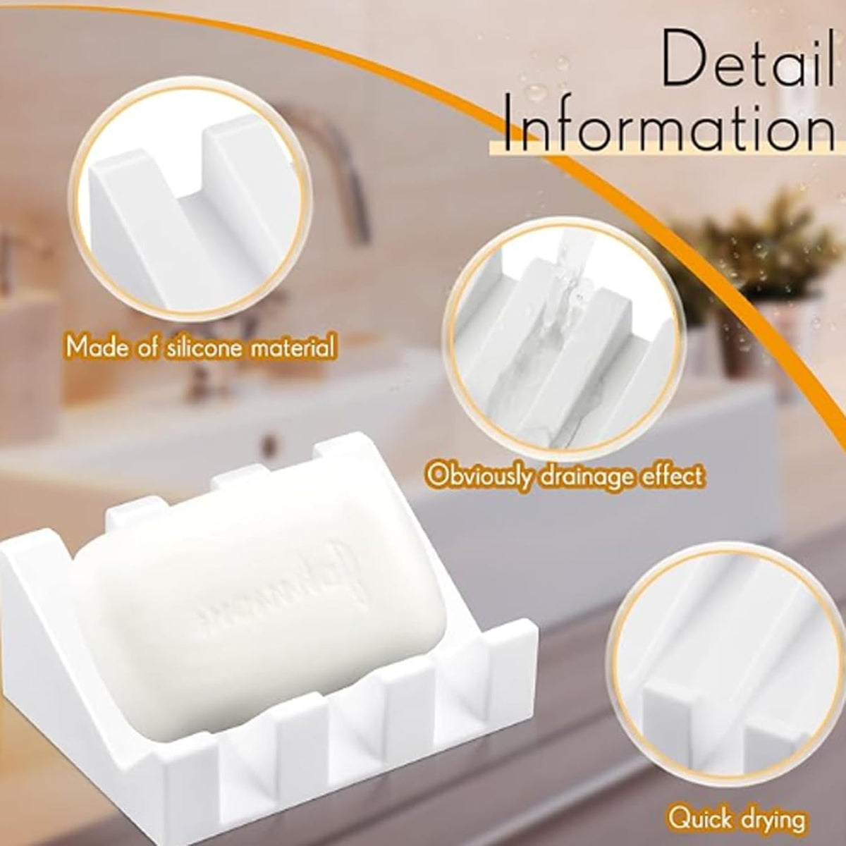 Silicone Soap Dish, Bar Soap Holder for Shower Bathroom, Kitchen, Bathtub, Self Draining Waterfall Drying Tray Keep Soap Bars Dry Clean & Easy Cleaning (White)