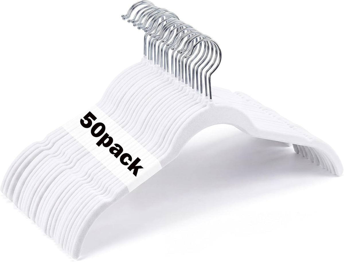 DoubleFill 50 Pack Velvet Shirt Hangers 360 Swivel Hook Slim, White