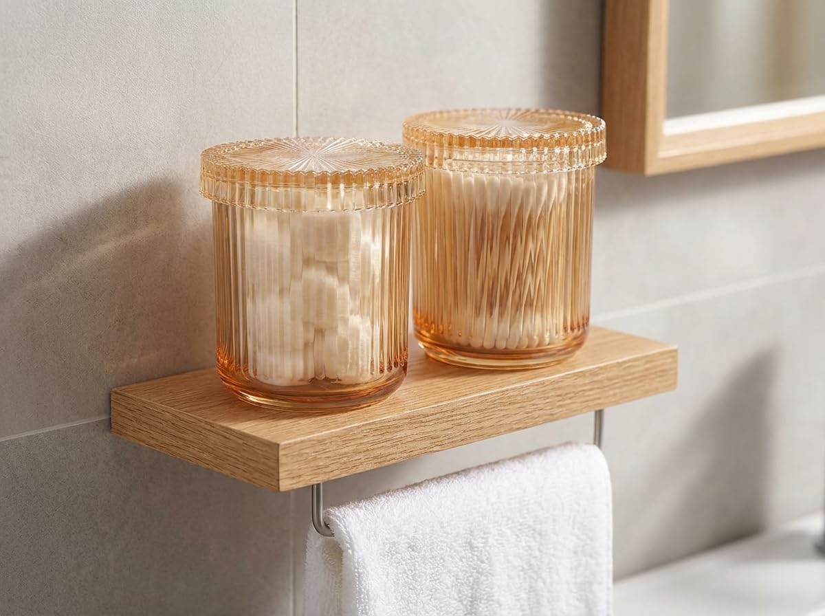 SheeChung 2 Pack Glass Qtip Holder Dispenser, Amber Apothecary Jars