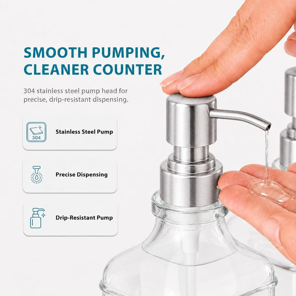 Kitchen Glass Soap Dispenser Set with Tray 2 with Silver Rust Proof Pump