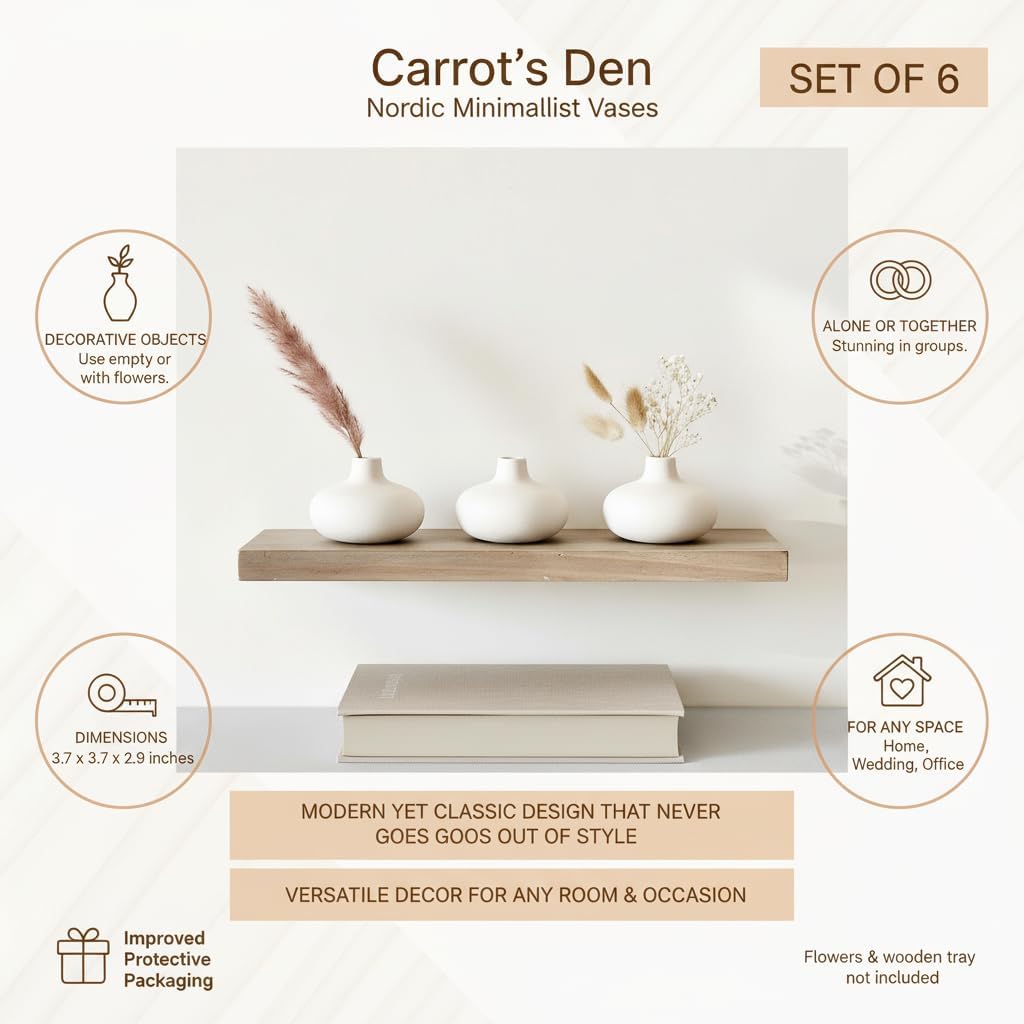 Carrot's Den Small White Ceramic Bud Vase Set of 6, Nordic Minimalist