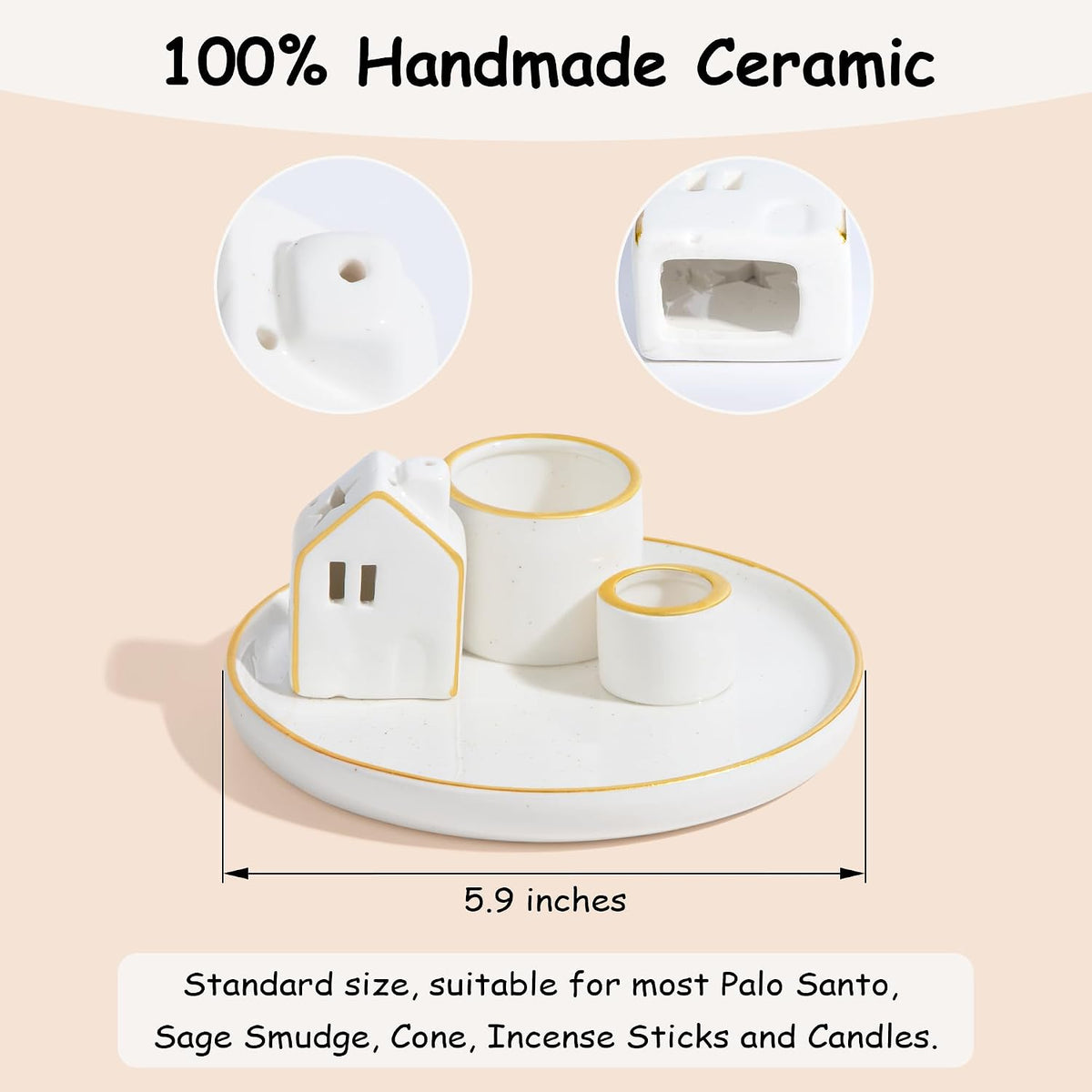 ZenBless 5 in 1 Incense Holder Burner for Palo Santo, Sage, Incense Sticks/Cones and Candle - Ceramic Incense Cone Smudge Tray,Aromatherapy Home Decoration