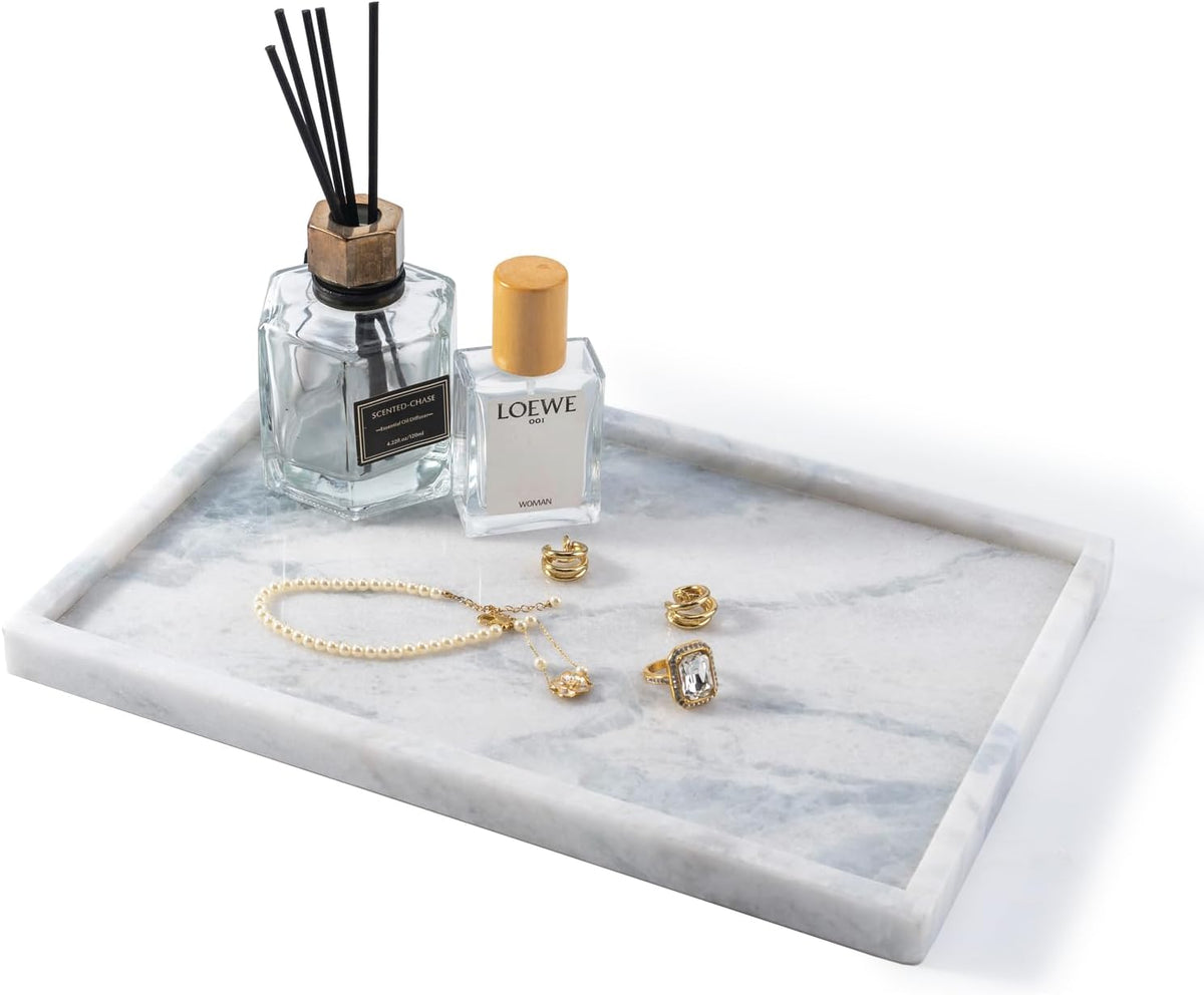 Natural Marble Bathroom Tray, 12"x8" Stone Vanity Decorative Counter Trays