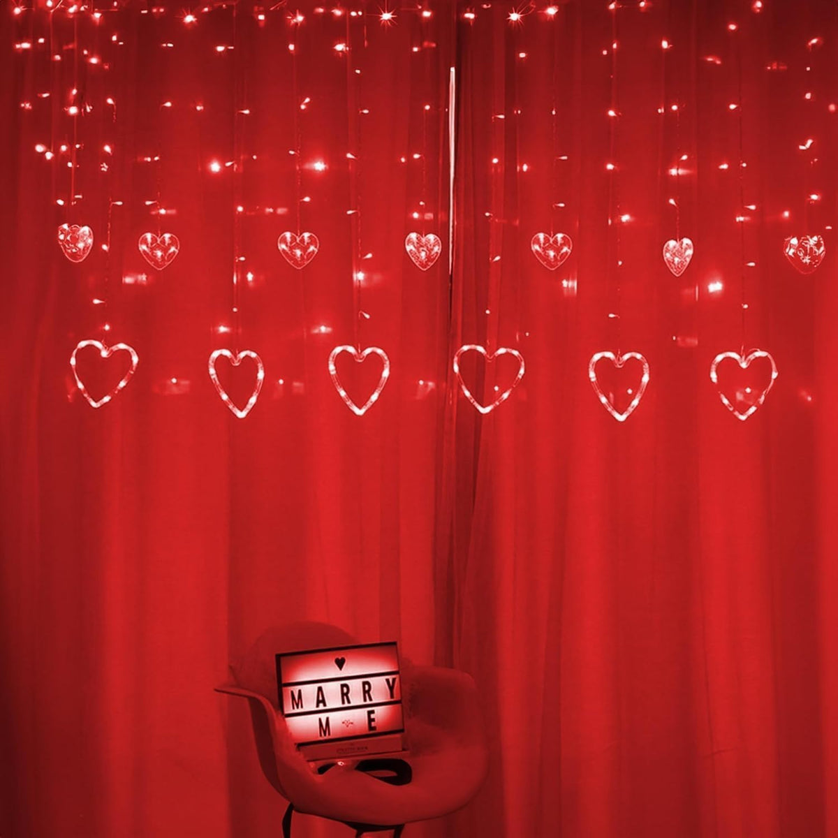 Dazzle Bright Valentines Day Lights, 138LED 9FT 12Heart Curtain String Lights with 8 Modes, Plug in Galentines Decorations for Indoor Window Outdoor Wedding Party Decor (Red)