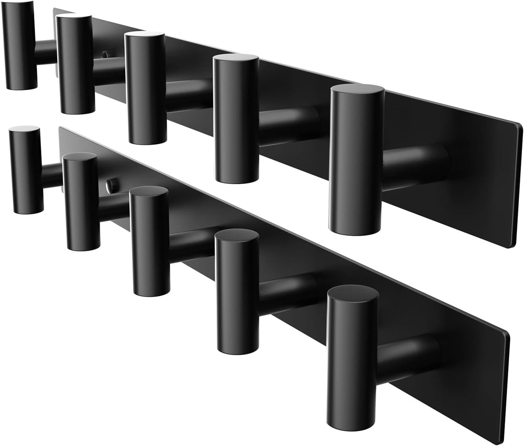 Black Wall Mounted Coat Rack – 5 T-Shaped Hooks on 16.5" Rail, (2 Pack)