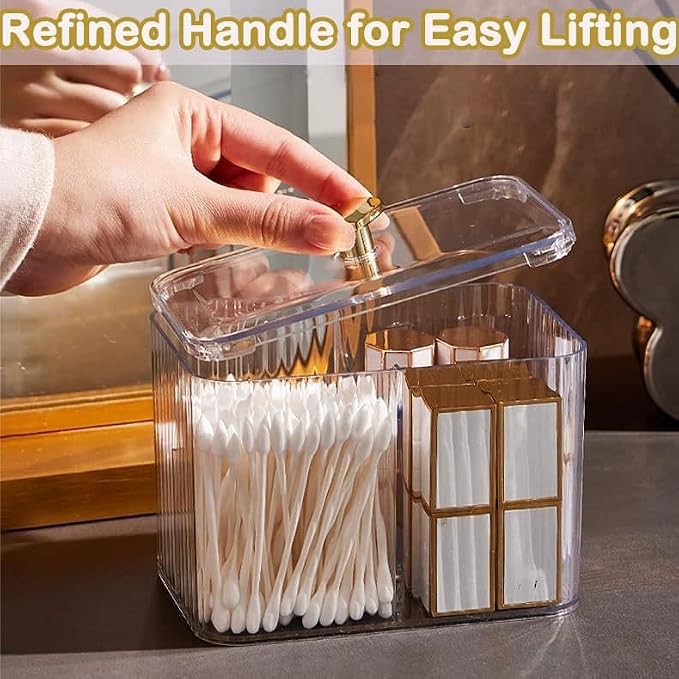 1 Pack 3-Section Clear Qtip Holder with Dustproof Lid, Bathroom Cotton Ball and Qtip Organizer, Cotton Swab Container for Vanity Canisters Jars for Countertop Storage and Organization (Clear-White)