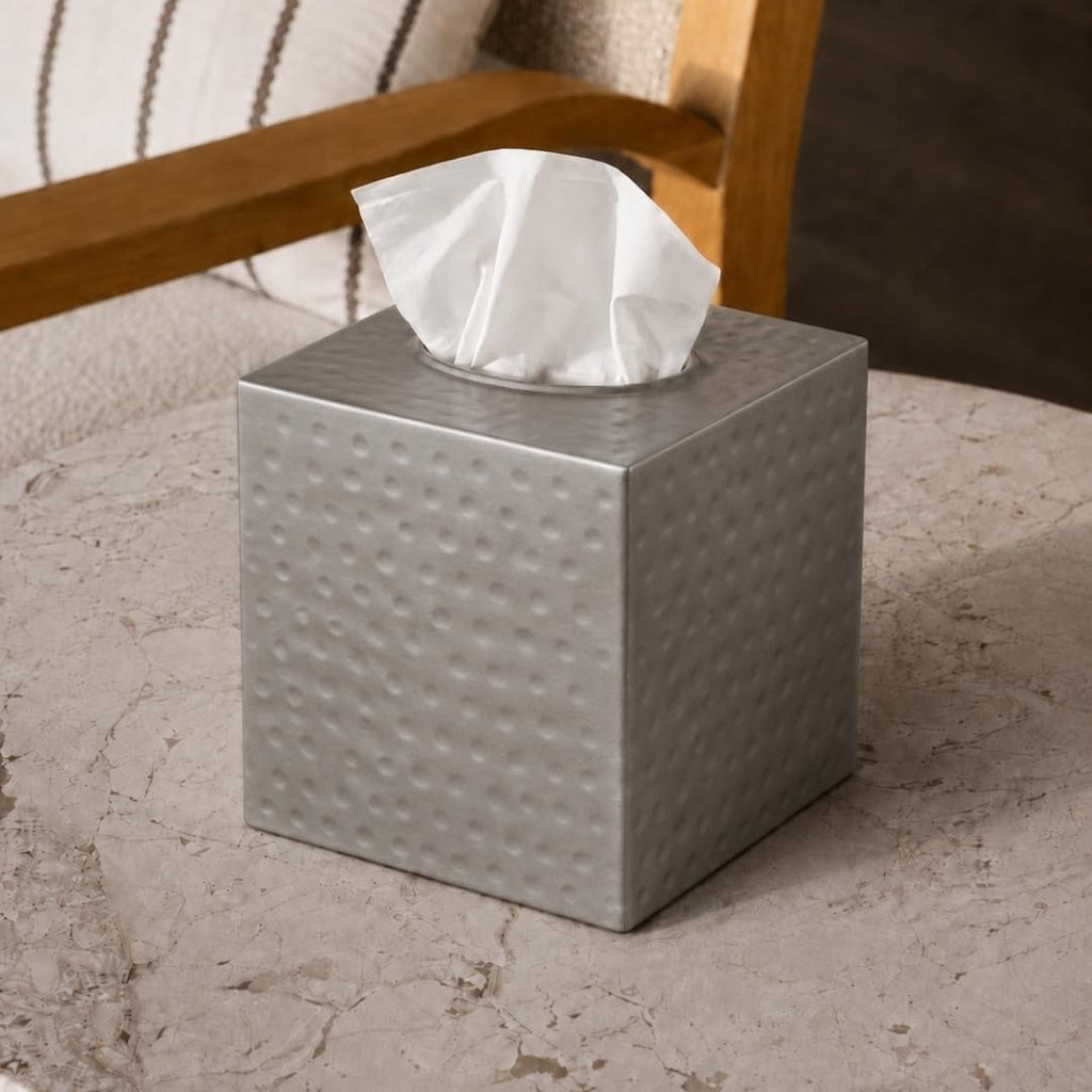 Monarch Abode Tissue Box Cover Square – Hand Hammered Pewter Metal Tissue Holder Box for Bathroom Accessory, Aesthetic Decorative Facial Napkin Cube for Modern Home Decor