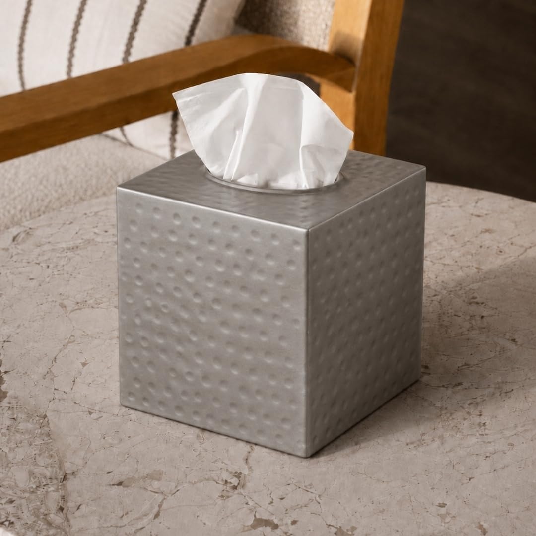 Monarch Abode Tissue Box Cover Square – Hand Hammered Pewter Metal Tissue Holder Box for Bathroom Accessory, Aesthetic Decorative Facial Napkin Cube for Modern Home Decor