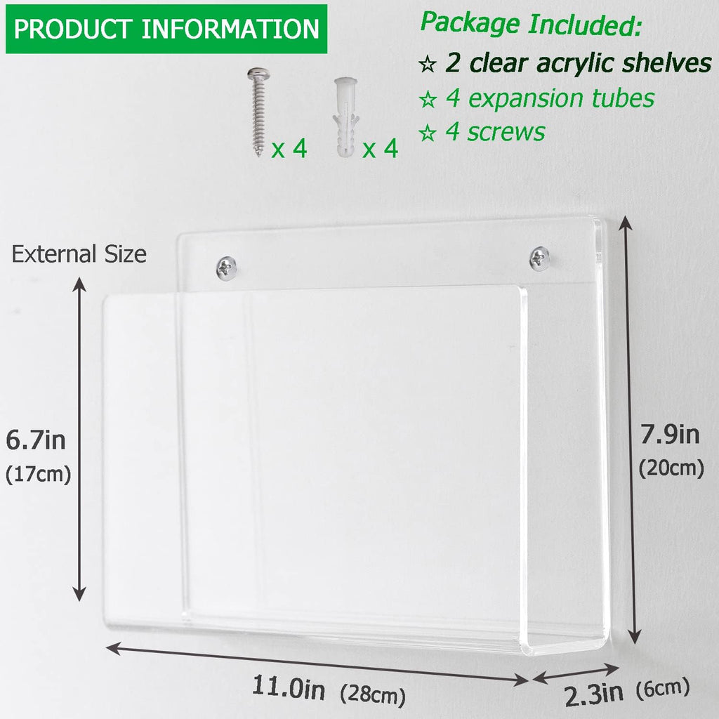 2 Pcs Magazine Holder, Wall Mount Clear Acrylic Magazine Rack, Organizer Folder, Bookshelf, File Storage Rack for Waiting Room, Living Room, Office, Home Display