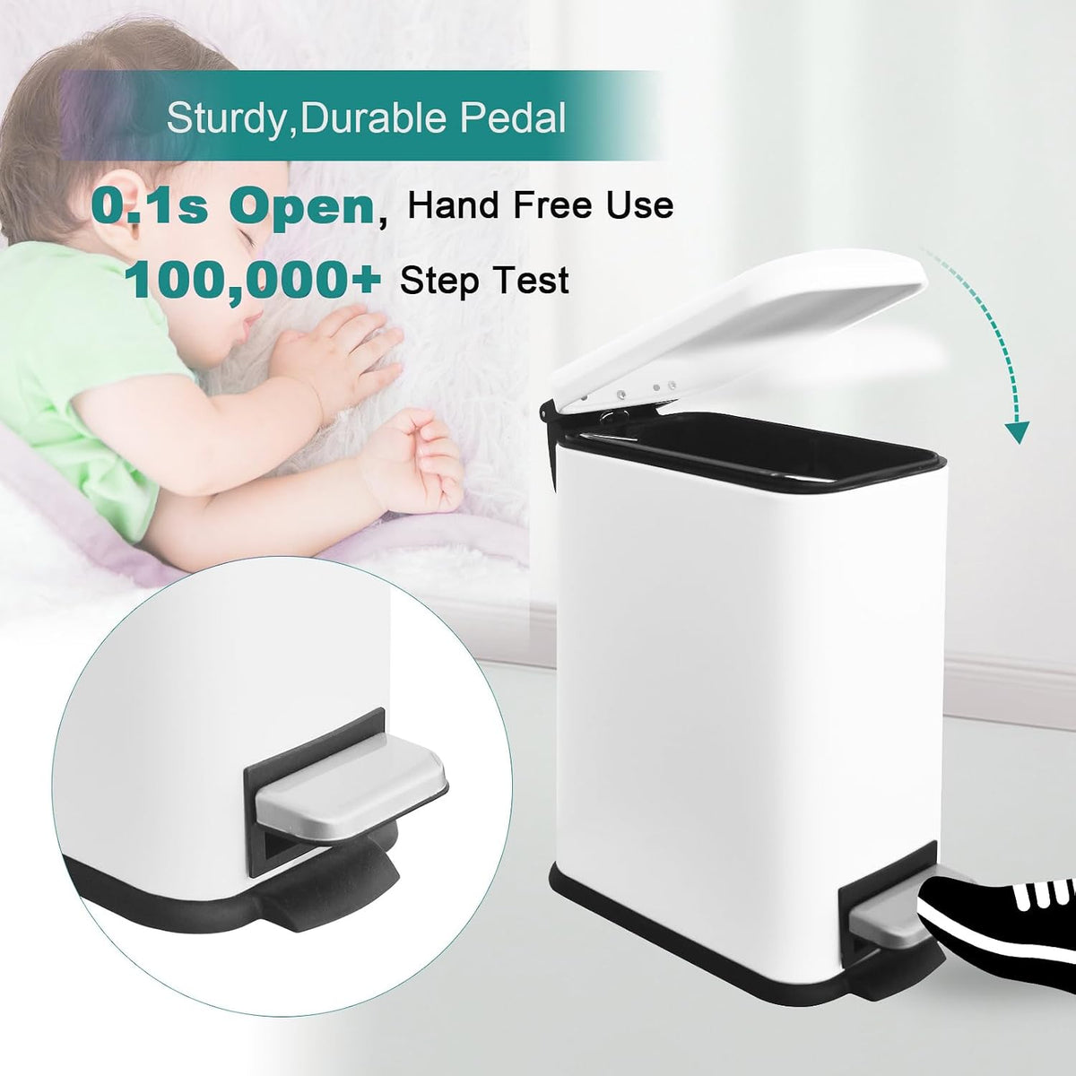 Small Bathroom Trash Can with Lid, 1.3 Gal, Soft Close, White