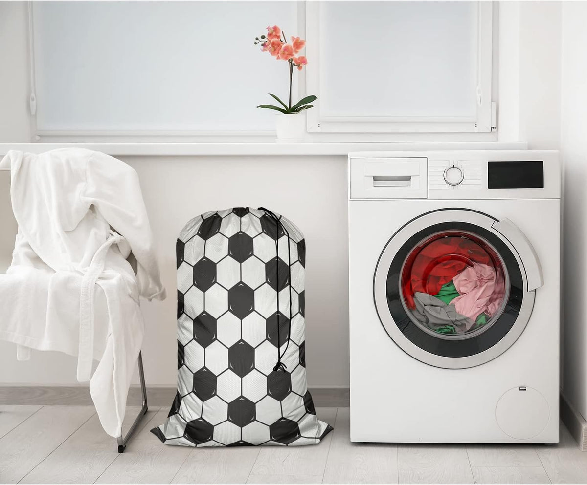 Swono Football Texture Laundry Bags with Locking Drawstring Closure for Travel, Home, Camping and Gym The Model With Black White Soccer 28" x 40", Oxford Cloth