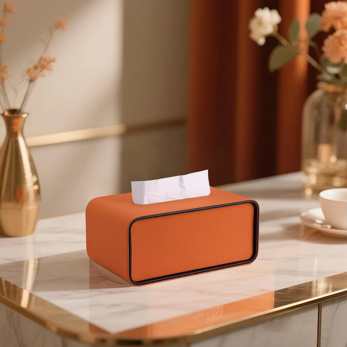 GORESE Rectangular Tissue Box Cover for Kleenexs, PU Leather Tissue Box Holder, Decorative Tissue Holder Cover for Bathroom Bedroom Living Room Office, Orange