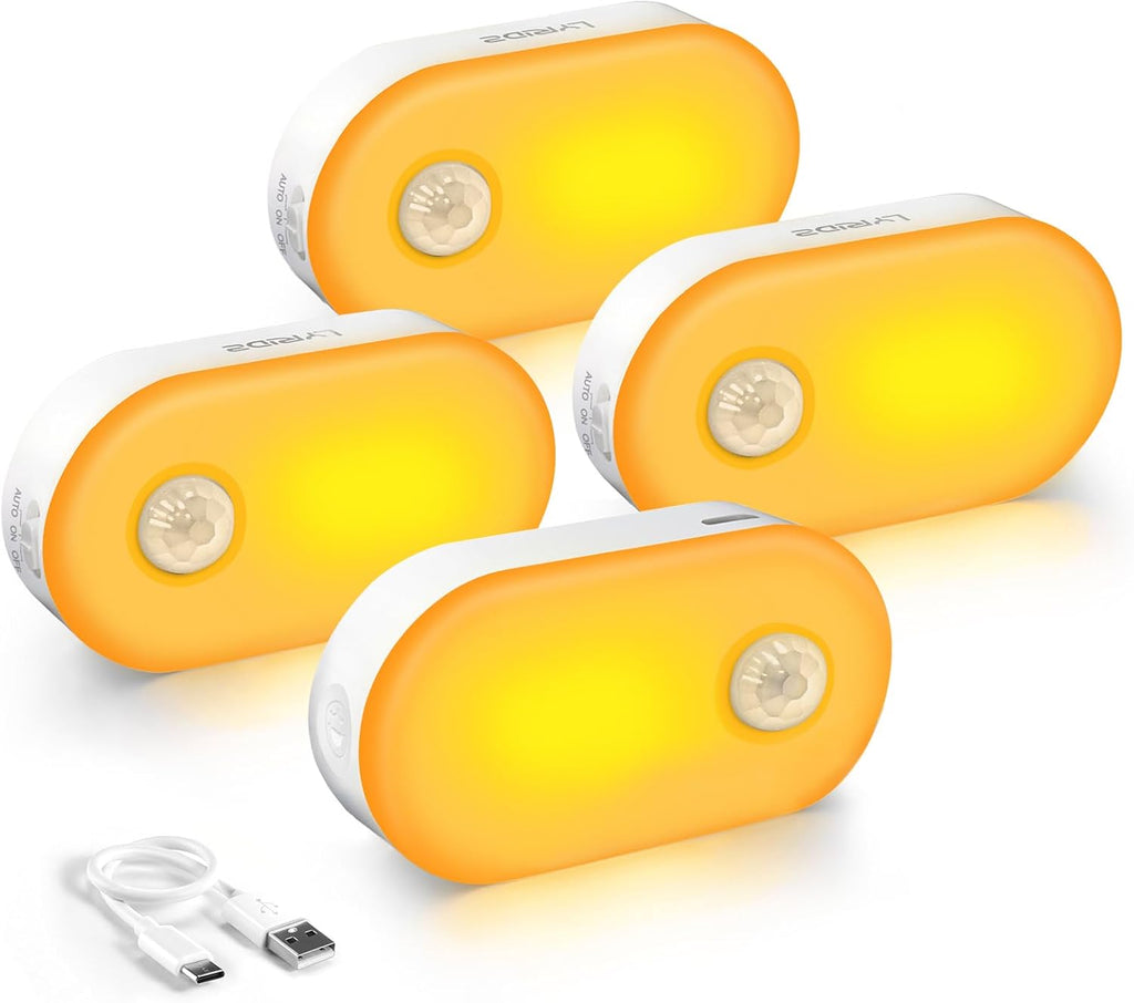 Lyridz Rechargeable Battery Night Light with Motion Sensor, Portable, Auto-Off, Dimmable for Bathroom, Bedroom, Kitchen, Stairs, Hallway, Pets, Travel, 4-Pack, Amber
