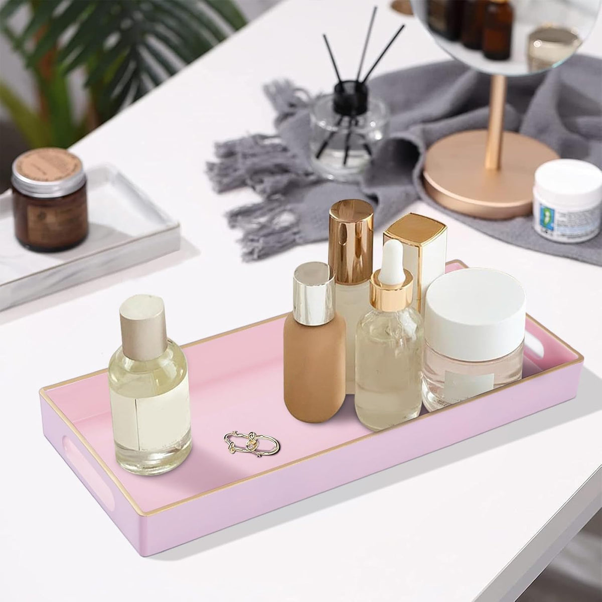 MAONAME Pink Bathroom Tray, Rectangular Toilet Tank Trays with Handles