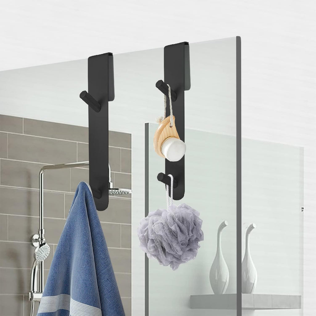 Stainless Steel Shower Door Hooks (2-Pack) - Heavy Duty Bathroom Towel Hooks for Frameless Glass Showers, No Drill Hanging Hooks for Robes, Towels, Loofahs - Rustproof & Easy Install